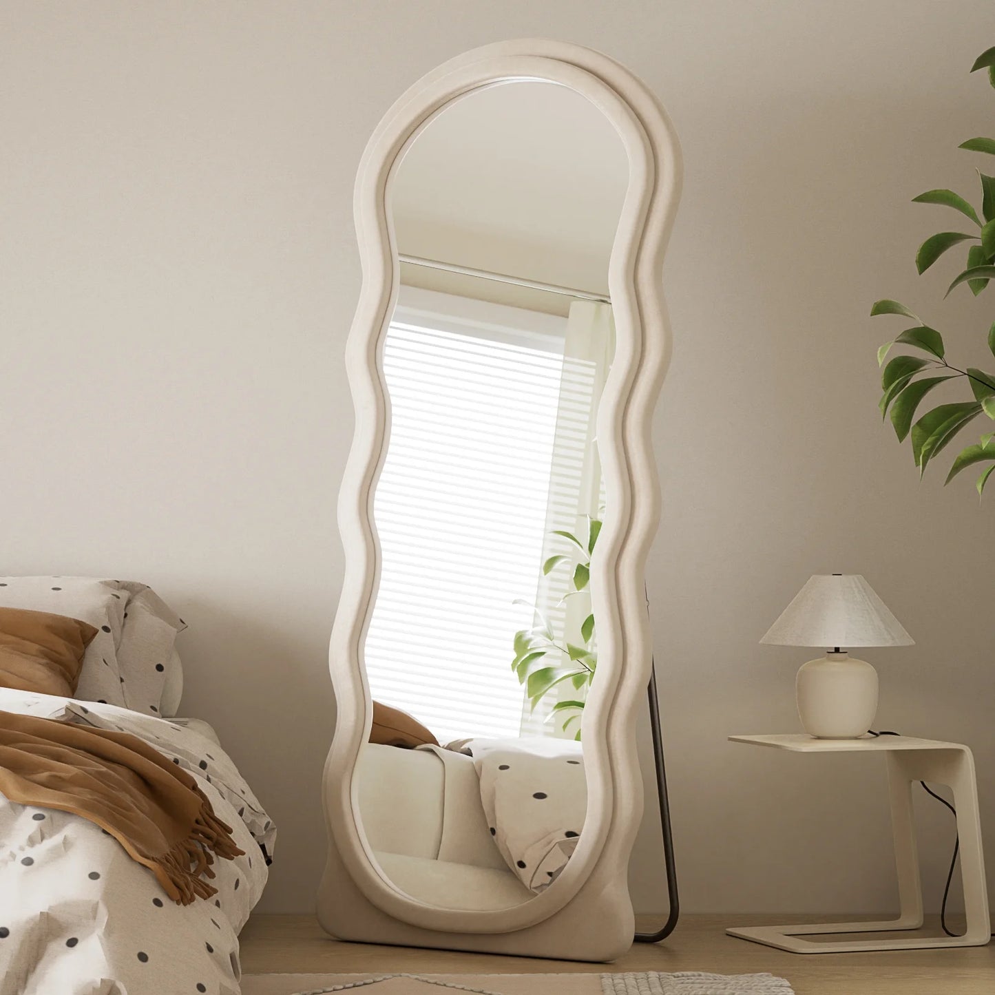 71"X30" Irregular Wavy Mirror Full Length Mirror with Flannel Frame, White