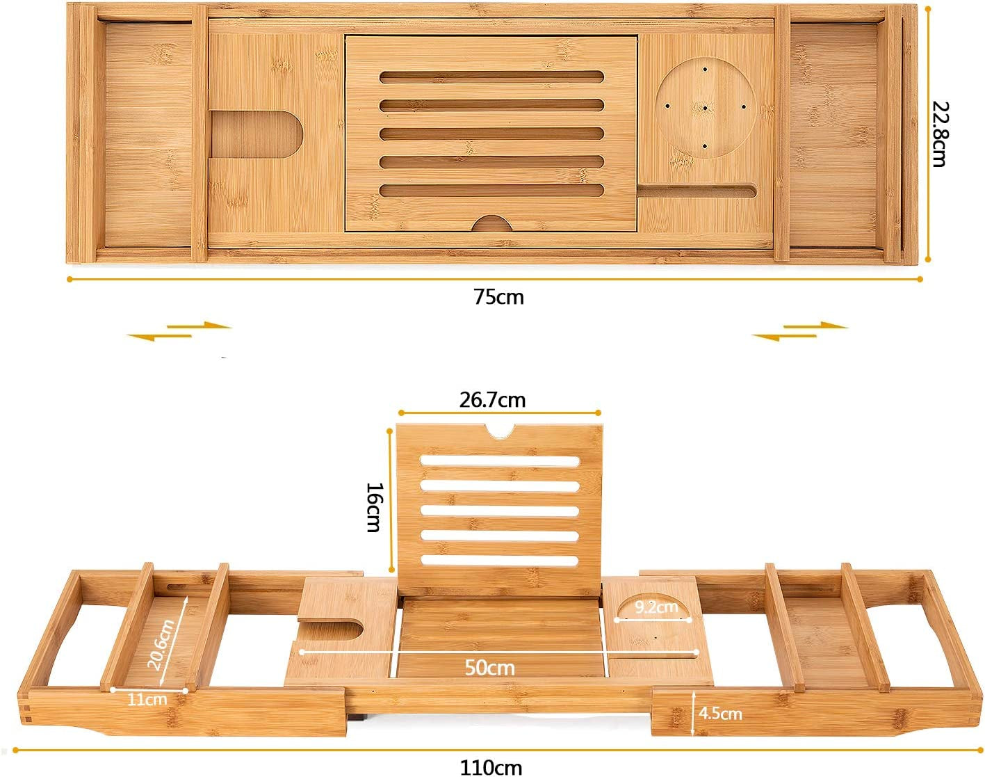 Bamboo Bathtub Caddy Tray with Extending Sides, Cellphone Ipad Tray and Wineglass Holder，Free Soap Holder