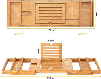 Bamboo Bathtub Caddy Tray with Extending Sides, Cellphone Ipad Tray and Wineglass Holder，Free Soap Holder